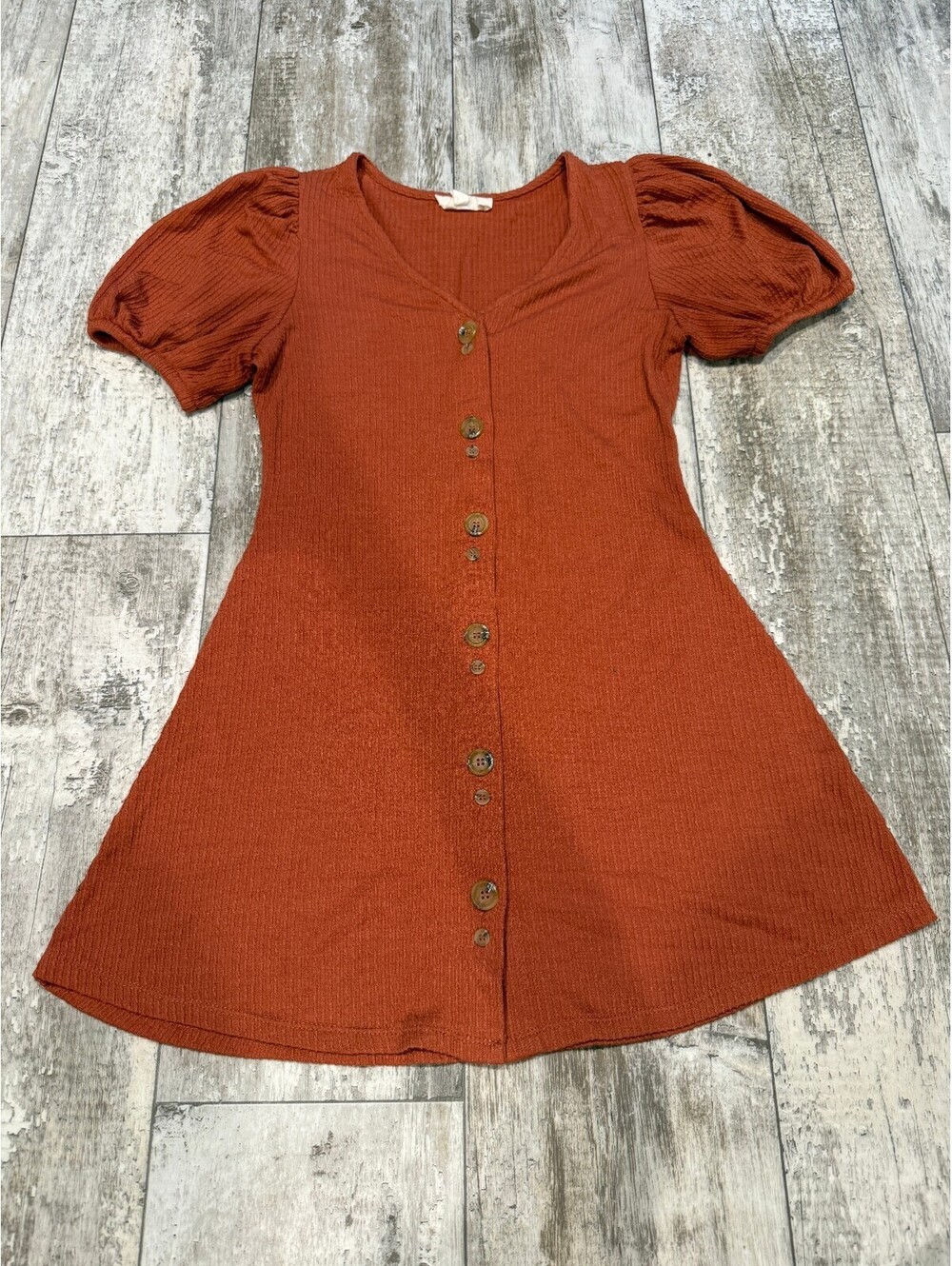 Sweet Wanderer Womens S Rust Puff Sleeve Button Front Dress Boho